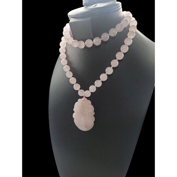 Chinese Rose Quartz Hand Knotted Mala Lotus Design Necklace 28" Vintage - Picture 11 of 16